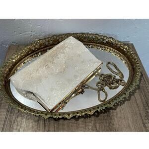 Vintage La Regale White Beaded Evening Bag with Gold Chain Shoulder Strap
